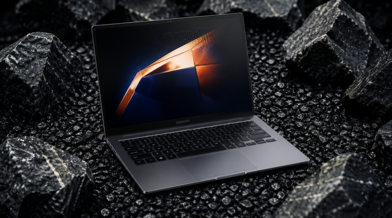 Alt Text: A Samsung laptop with a glowing screen display is positioned on dark, rough rocks.