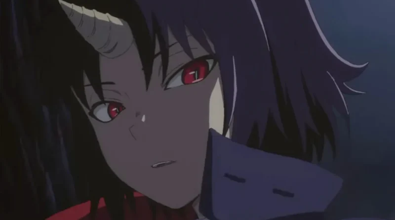 Close-up of a dramatic anime character from Clevatess II with a single horn, red eyes, and intense lighting.