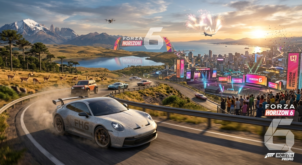 A sweeping landscape photograph of a winding coastal highway in Forza Horizon 6. A silver Porsche hypercar with "FH6" on the door leads a convoy of other vehicles. In the background, there is a large, vibrant music and lights festival next to a city, with fireworks exploding above. A drone flies overhead, and the logo for "FORZA HORIZON 6" is visible on festival banners and as a graphic overlay in the bottom corner.