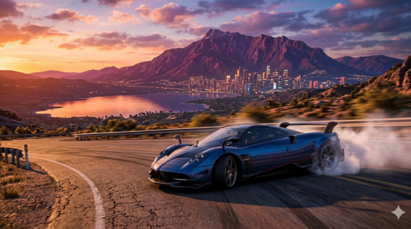 A blue sports car drifts on a winding coastal road during sunset, with a lake and a distant city skyline visible in the background.
