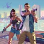 A man aiming a handgun and a woman holding a smaller gun and a case stand on a wooden dock in front of a modern city skyline.