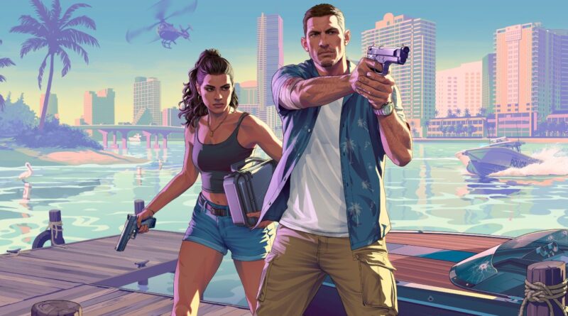 A man aiming a handgun and a woman holding a smaller gun and a case stand on a wooden dock in front of a modern city skyline.