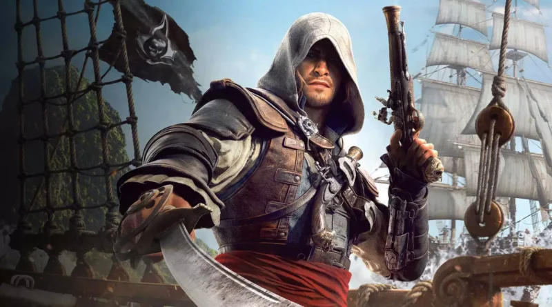 Edward Kenway, the hooded protagonist, stands on the deck of a wooden ship holding a flintlock pistol and a cutlass, with a pirate flag visible in the background.