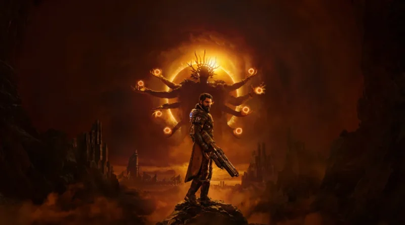 A character in futuristic armor stands on a rocky outcrop facing a glowing, multi-armed entity in a dark, atmospheric sci-fi world.