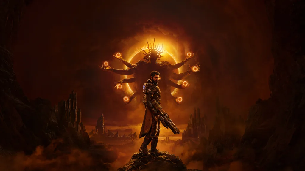 A character in futuristic armor stands on a rocky outcrop facing a glowing, multi-armed entity in a dark, atmospheric sci-fi world.