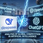 An illustrated conceptual image showcasing a futuristic AI battle. In the center, a powerful electric discharge is split, leading to two distinct areas. On the left side, the Chinese DeepSeek-AI logo is displayed, backed by futuristic Chinese buildings and technology. On the right, the OpenAI and ChatGPT logos appear, featuring modern US architecture. Flags for China and the US are also visible on their respective sides, along with a crowd of people in business attire observing the central scene. The overall message focuses on global competition in the field of Artificial Intelligence.