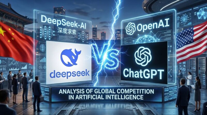An illustrated conceptual image showcasing a futuristic AI battle. In the center, a powerful electric discharge is split, leading to two distinct areas. On the left side, the Chinese DeepSeek-AI logo is displayed, backed by futuristic Chinese buildings and technology. On the right, the OpenAI and ChatGPT logos appear, featuring modern US architecture. Flags for China and the US are also visible on their respective sides, along with a crowd of people in business attire observing the central scene. The overall message focuses on global competition in the field of Artificial Intelligence.