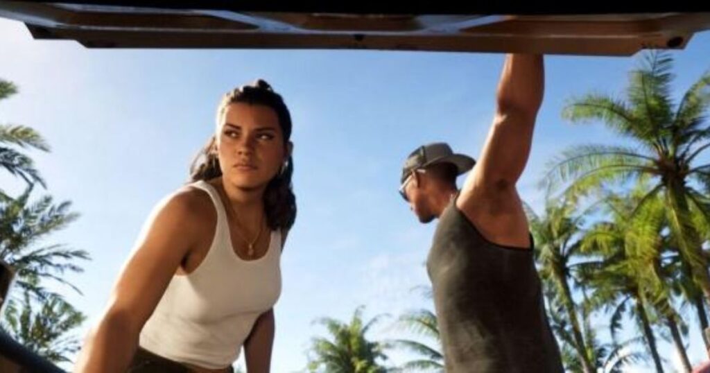 A digital illustration in the Grand Theft Auto VI (GTA 6) art style, featuring protagonists Lucia and Jason on a wooden dock in Vice City. Jason is in the foreground aiming a handgun, while Lucia stands beside him holding a briefcase and a pistol. The background displays a tropical waterfront with palm trees, high-rise buildings, a police boat, and a helicopter under a clear sky.