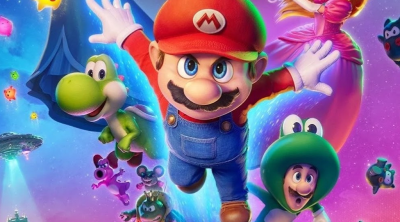 The animated characters Mario, Yoshi, Princess Peach, and Luigi in a costume are displayed against a vibrant cosmic background.