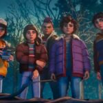 A group of five animated characters from the Stranger Things universe stand in a forest, looking on with focused expressions.