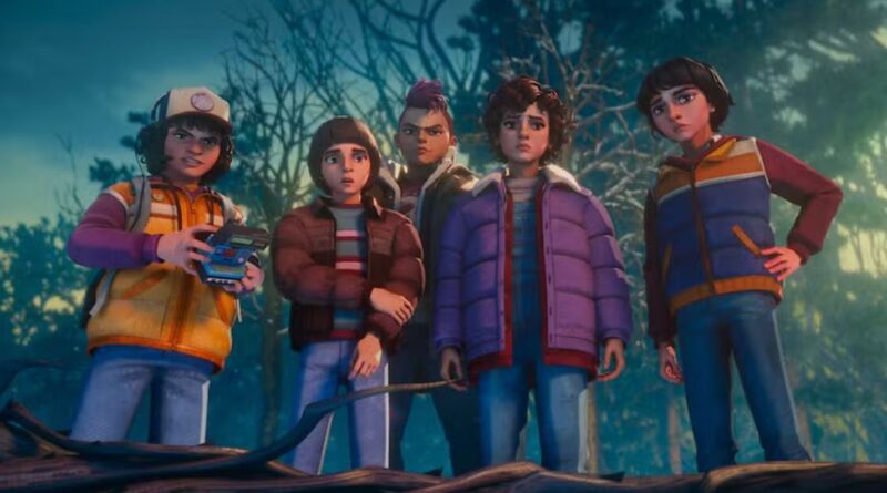 A group of five animated characters from the Stranger Things universe stand in a forest, looking on with focused expressions.