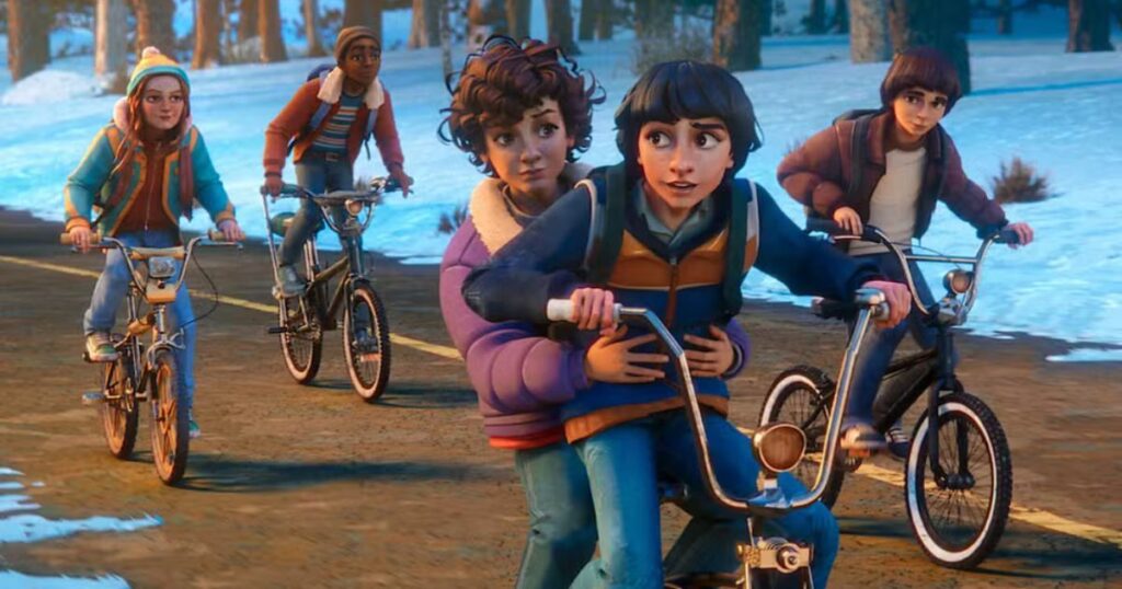 An animated scene featuring the main characters of Stranger Things riding bicycles on a paved road during winter. In the center, Mike Wheeler peddles while Eleven sits behind him; they are flanked by Dustin, Lucas, and Will on their own bikes. The background shows a snowy forest at dusk, and the animation style is stylized and cinematic.