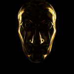 Golden Salvador Dali mask from Money Heist on a solid black background, cinematic lighting.