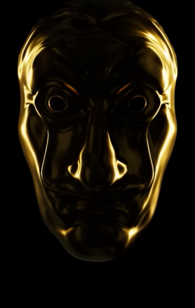 Golden Salvador Dali mask from Money Heist on a solid black background, cinematic lighting.