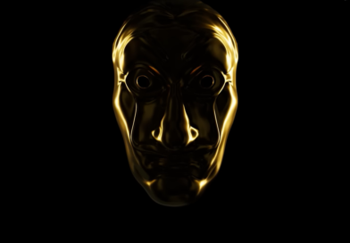 Golden Salvador Dali mask from Money Heist on a solid black background, cinematic lighting.