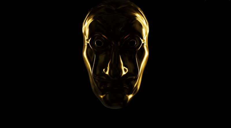 Golden Salvador Dali mask from Money Heist on a solid black background, cinematic lighting.