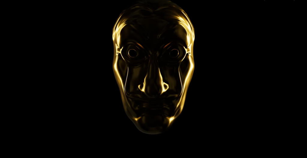 Golden Salvador Dali mask from Money Heist on a solid black background, cinematic lighting.