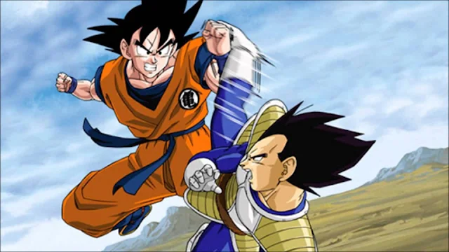Goku in his orange gi punching Vegeta in his Saiyan armor against a blue sky background.