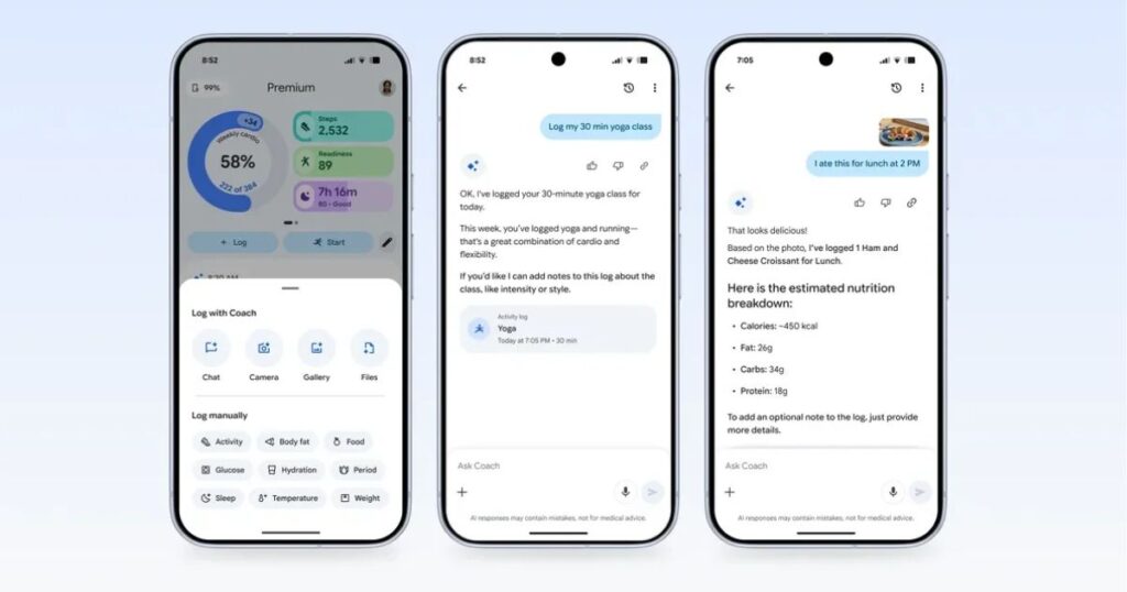 Three smartphones displaying the Google Health Coach interface with AI-powered wellness tracking features, including fitness statistics, yoga activity logging, and estimated nutrition analysis from a meal photo.