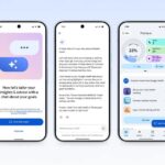 Three smartphones displaying the Google Health Coach interface with AI-powered wellness guidance, personalized health insights, and fitness tracking features.