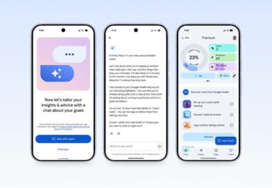 Three smartphones displaying the Google Health Coach interface with AI-powered wellness guidance, personalized health insights, and fitness tracking features.