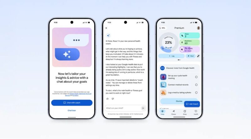 Three smartphones displaying the Google Health Coach interface with AI-powered wellness guidance, personalized health insights, and fitness tracking features.