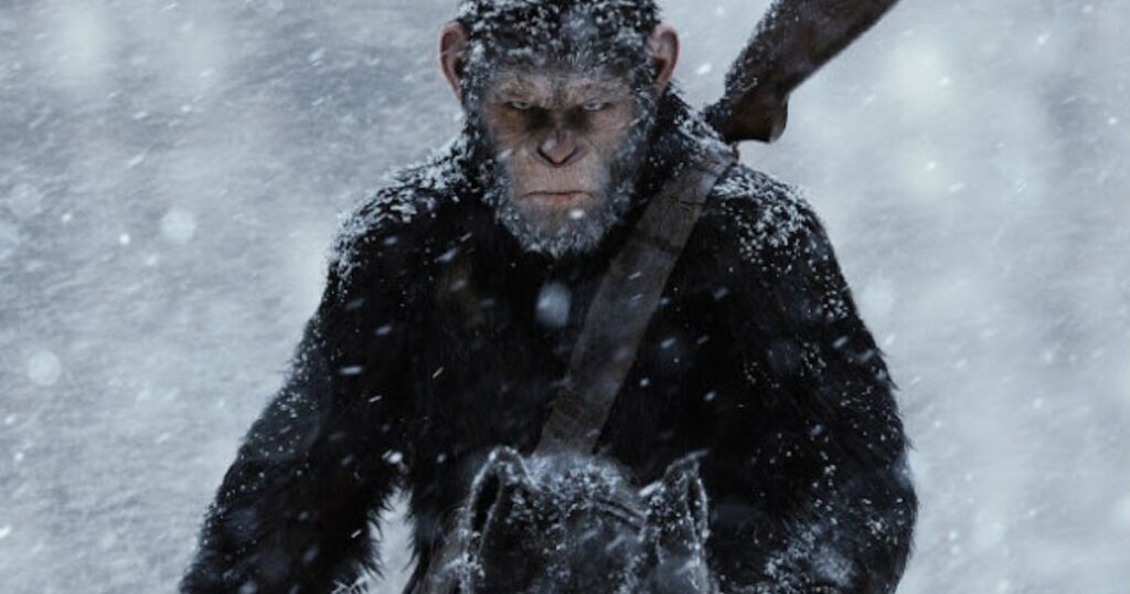 Cinematic shot of an ape warrior in the snow, representing the Planet of the Apes franchise and high-end performance capture technology.