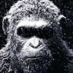 Close-up of a high-detail digital ape covered in falling snow, cinematic lighting, Planet of the Apes franchise style.
