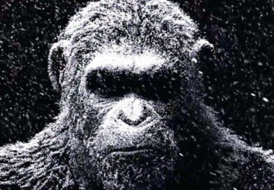 Close-up of a high-detail digital ape covered in falling snow, cinematic lighting, Planet of the Apes franchise style.