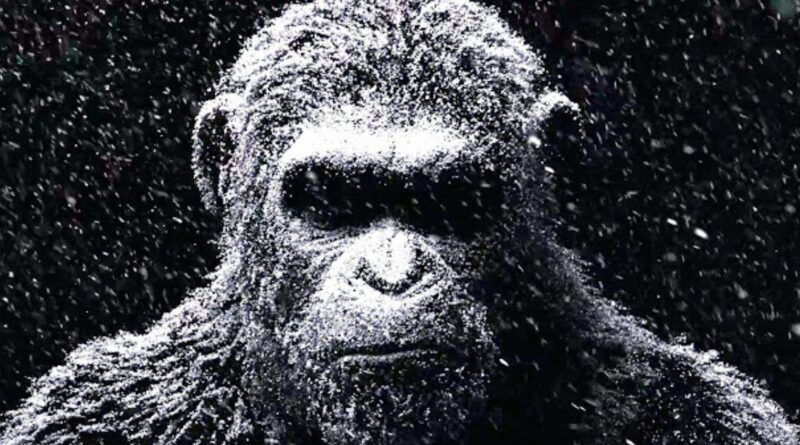 Close-up of a high-detail digital ape covered in falling snow, cinematic lighting, Planet of the Apes franchise style.