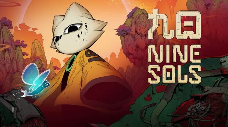 Promotional art for the game Nine Sols, highlighting the feline protagonist and the game title set against an orange, oriental-inspired landscape.
