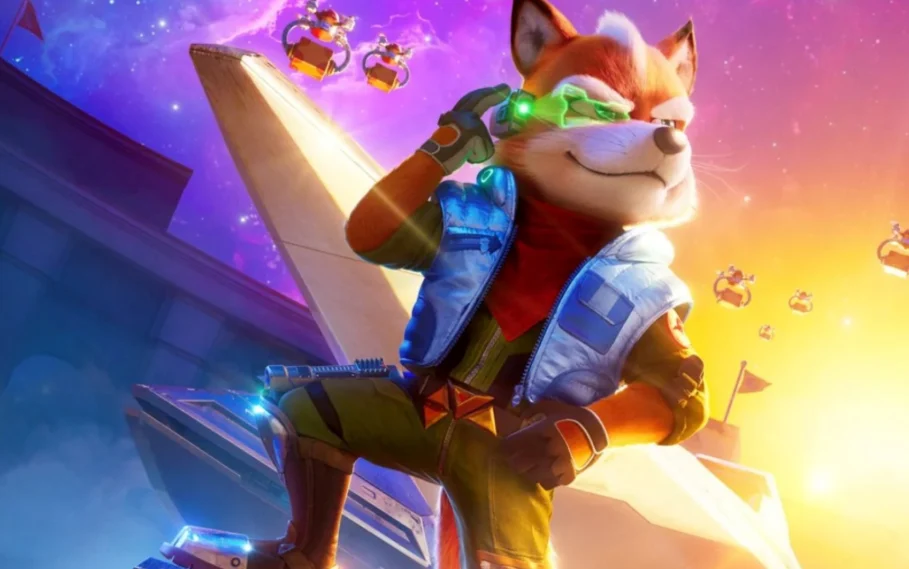 A cinematic medium shot of Fox McCloud sitting in the detailed cockpit of his Arwing starfighter. He is looking forward-right, wearing his pilot jacket and a glowing green communication device over his right ear against a blue and cloudy planetary background.