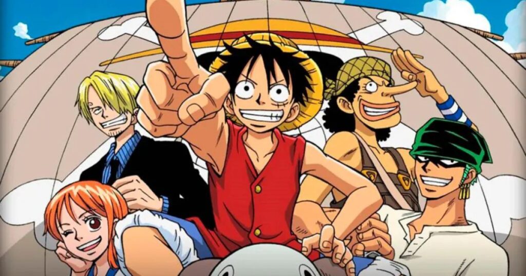 The original Straw Hat Crew from One Piece featuring Luffy, Zoro, Nami, Usopp, and Sanji in front of the Going Merry ship.