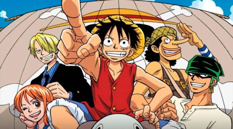 The original Straw Hat Crew from One Piece featuring Luffy, Zoro, Nami, Usopp, and Sanji in front of the Going Merry ship.