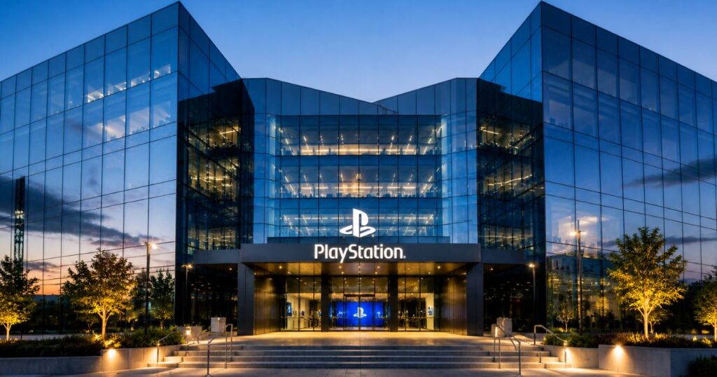 A wide-angle exterior view of the PlayStation headquarters, a modern glass building complex, at dusk with lights turned on, featuring the white PlayStation logo above the entrance.