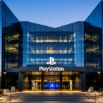 A wide-angle exterior view of the PlayStation headquarters, a modern glass building complex, at dusk with lights turned on, featuring the white PlayStation logo above the entrance.