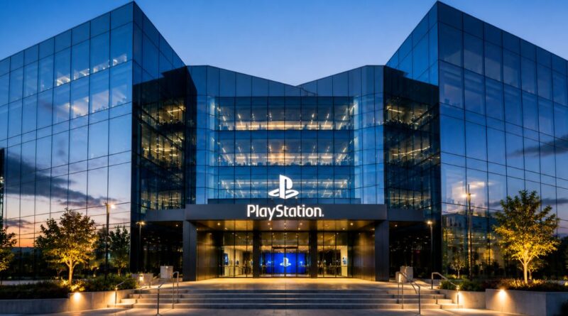 A wide-angle exterior view of the PlayStation headquarters, a modern glass building complex, at dusk with lights turned on, featuring the white PlayStation logo above the entrance.