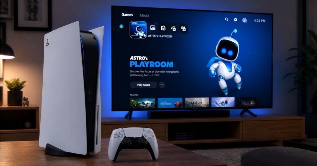 The white PlayStation 5 console and its DualSense controller are placed on a wooden coffee table in front of a TV displaying the ASTRO's PLAYROOM home screen in a cozy living room.