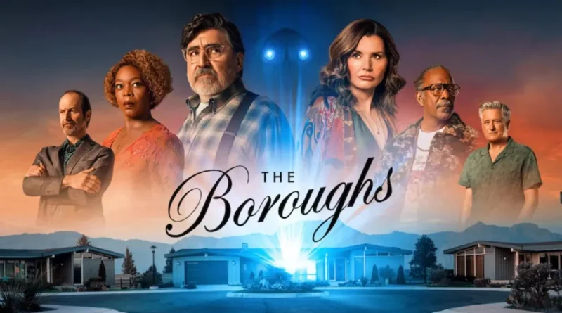 Promotional poster for the Netflix series "The Boroughs" showing a cast of seven actors in a group shot above a row of suburban mid-century houses, all set against an orange-to-purple gradient sky with two large glowing eyes.