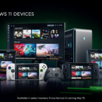 Multiple gaming devices—a monitor, laptop, handheld PCs, and controller—display the Xbox Mode interface for Windows 11 against a dark background with green accents.