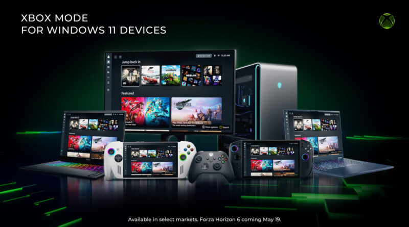 Multiple gaming devices—a monitor, laptop, handheld PCs, and controller—display the Xbox Mode interface for Windows 11 against a dark background with green accents.