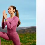 A two-part image showing a woman in purple athletic wear practicing yoga outdoors with a blue smart band on her wrist, and a side panel displaying four different