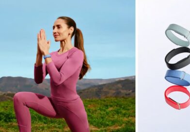 A two-part image showing a woman in purple athletic wear practicing yoga outdoors with a blue smart band on her wrist, and a side panel displaying four different