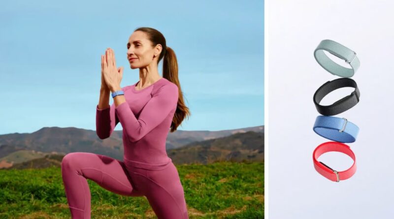 A two-part image showing a woman in purple athletic wear practicing yoga outdoors with a blue smart band on her wrist, and a side panel displaying four different