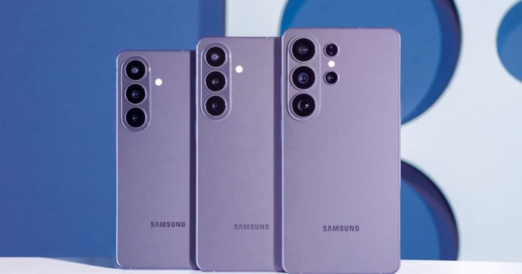 A studio product shot showing the rear view of three Samsung Galaxy smartphones in a matching light lavender or violet color, arranged side-by-side from smallest to largest. The two smaller models on the left feature a vertical triple-camera array, while the largest model on the right showcases a more advanced five-lens camera system including a periscope telephoto lens. All three devices feature the "SAMSUNG" logo at the bottom against a clean, blue and white circular-patterned background.