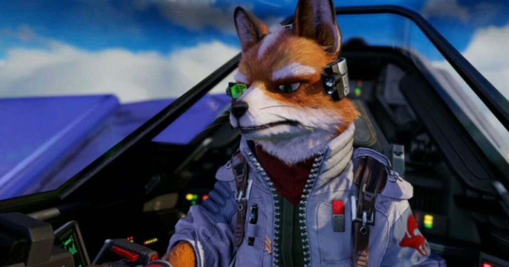 Close-up of Fox McCloud inside the Arwing cockpit, wearing his flight suit and communicator headset, with a blue spacecraft and cloudy sky in the background.
