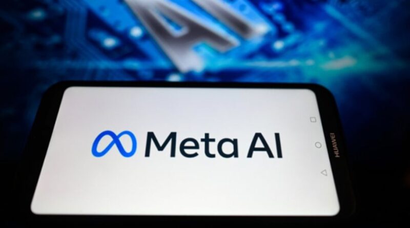A smartphone displaying the Meta AI logo on its screen against a blurred digital and technological background.