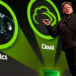 Jensen Huang, CEO of NVIDIA, standing on a stage and gesturing with his hands