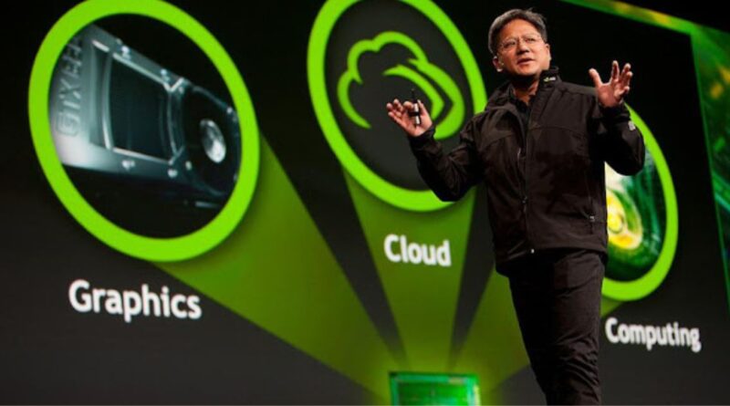 Jensen Huang, CEO of NVIDIA, standing on a stage and gesturing with his hands