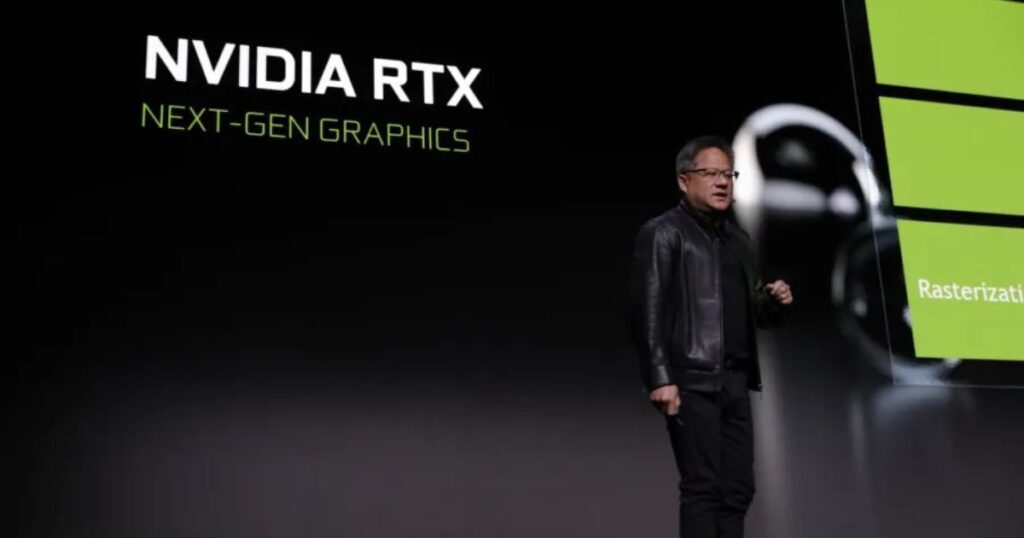 A screenshot of a corporate presentation on a dark stage. In the center, Jensen Huang, CEO of NVIDIA, wearing a black leather jacket and black pants, is standing and looking to the right while speaking, gesturing slightly with his right hand. In the upper left corner of the background screen, white text displays "NVIDIA RTX" in large letters and, just below, "NEXT-GEN GRAPHICS" in smaller letters. In the lower right corner, a small portion of a vertical green bar chart is visible, with the word "Rasterizati..." cut off at the bottom edge. The rest of the bar chart is off-screen.